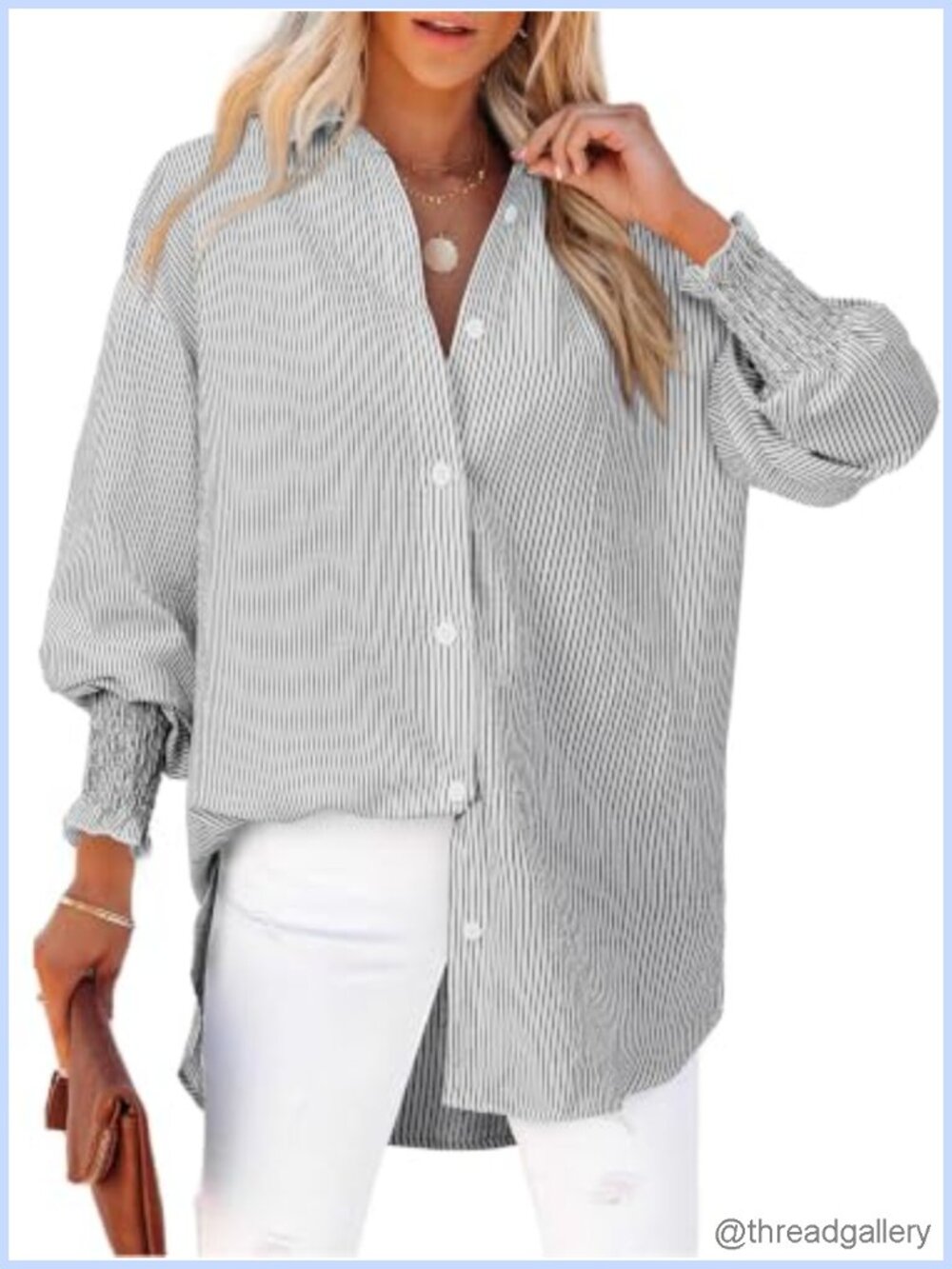 Striped Button Down Shirt Smocked Cuff Oversized Boyfriend Blouse